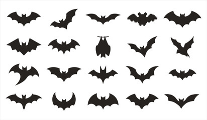 Fototapeta premium A collection of various black bat silhouettes isolated on a white background for creative halloween party decoration design projects