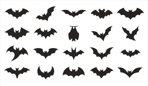 A collection of various black bat silhouettes isolated on a white background for creative halloween party decoration design projects
