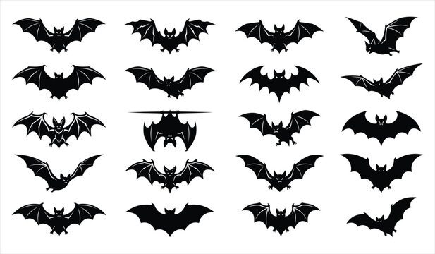 Set of various black bat silhouettes isolated on white background for your creative halloween party decoration design projects
