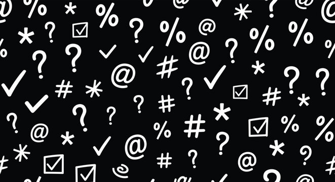 Seamless background pattern of white hand-drawn symbols including question marks, hashtags, and at signs randomly arranged on a dark black surface.