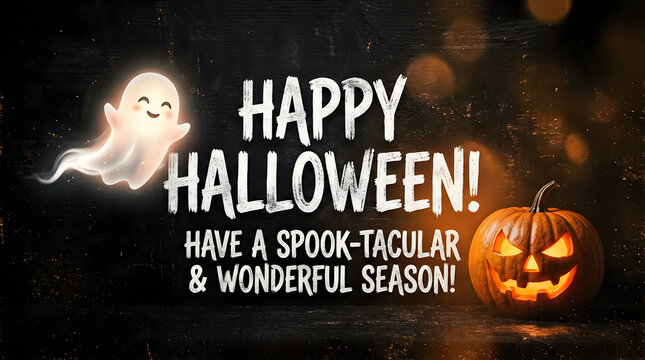 Halloween celebration with glowing jack-o-lantern and ghost. 