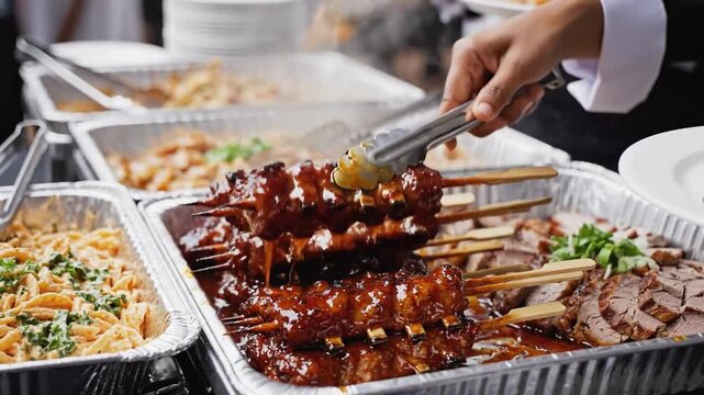 Grilled meat skewers being served at a buffet, with a hand using tongs to pick up a skewer from a tray of delicious food