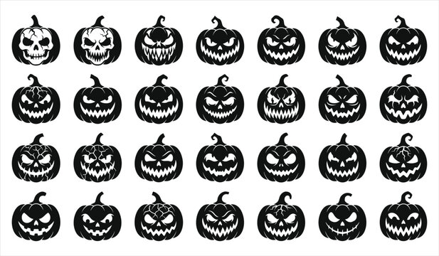 A collection of various scary jack o lantern pumpkin faces isolated on a white background for halloween design projects