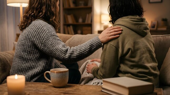 Supportive woman comforting a friend at home during difficult time