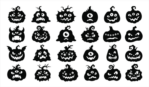 A collection of hand drawn sketchy black silhouettes of spooky jack o lantern pumpkins for your halloween design projects