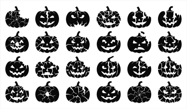 Set of twenty four hand drawn halloween pumpkin jack o lantern icons with spooky carved faces on white background