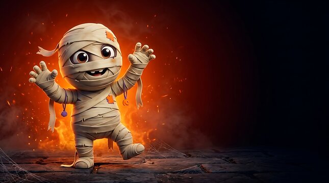 Cute cartoon mummy character standing in a fiery glowing atmosphere for a spooky halloween background design