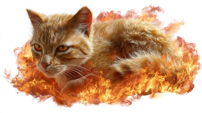 Feline Fury: A determined tabby cat lies amidst a dramatic blaze of fire, its eyes burning with an intense, almost supernatural glow.