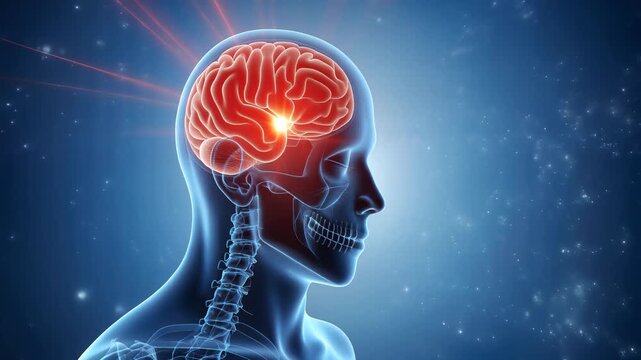 Human brain anatomy, digital side profile showing glowing red neural activity with dynamic shifting light beams, against a dark blue particle background, symbolizing neural processing and intelligence