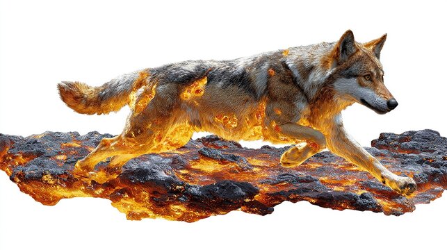 Fire Wolf Spirit: A majestic wolf is engulfed in flames, running across a field of molten lava, symbolizing power, ferocity, and the untamed spirit of nature.