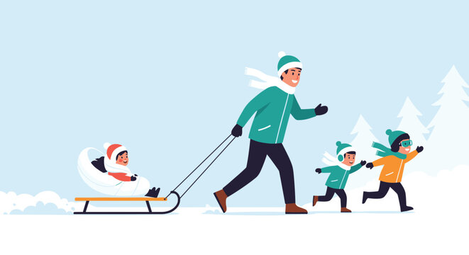 Family enjoying winter outdoor activities with a father pulling a child on a sled while two other children run in the snow.