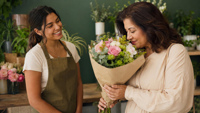 Happy woman smelling bouquet with smiling florist feeling joyful