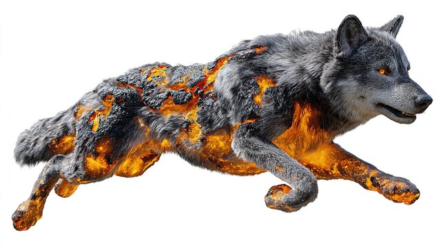 Fiery Wolf Runner: A dynamic illustration of a wolf seemingly ablaze with molten fire, captured mid-stride in an energetic sprint. This mythical creature embodies power and untamed spirit.