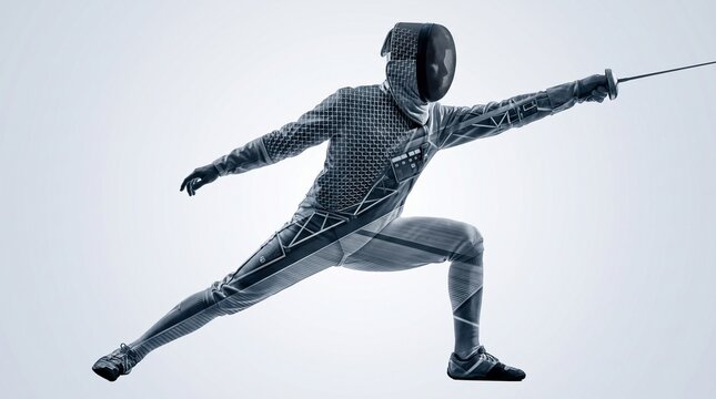 Professional fencer in action pose, athletic swordsman wearing protective white uniform and mask, competitive fencing sport athlete with foil