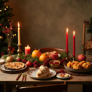 Festive Christmas dinner table setting. Holiday feast with candles and traditional food.