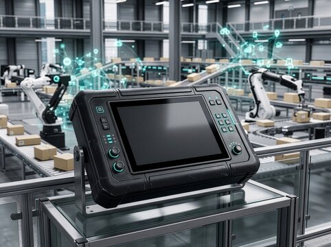 Smart factory control panel with automated robotic warehouse background-(Panel kendali pabrik pintar dengan latar belakang gudang robotik otomatis)