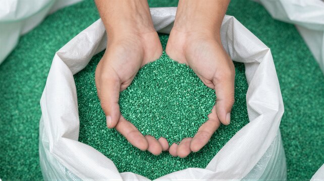 Cupped hands holding green recycled plastic pellets inside large white woven sack with industrial texture and bulk material storage scene, with plastic, pellet, granule