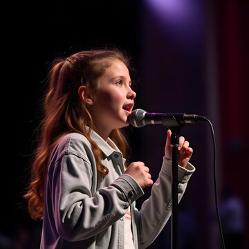 Young girl singing into a microphone on stage. Child performer at a live music concert.
