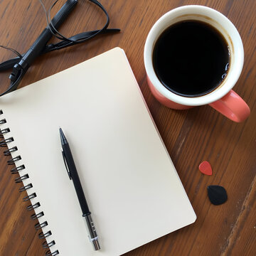 Blank notebook with coffee and pen. Workspace desk with stationery and glasses.