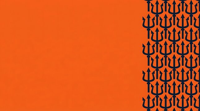 Minimalist orange halloween background featuring a vertical border of dark black repeating trident or pitchfork symbols