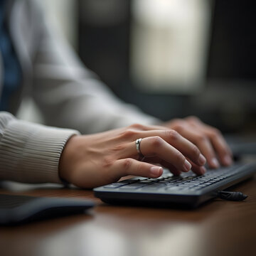 Woman typing on computer keyboard. Professional employee working at office desk.