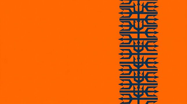 Minimalist bright orange halloween background featuring a vertical dark blue tribal pattern for festive seasonal design