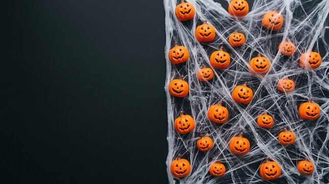Spooky halloween background featuring small orange jack o lantern pumpkins tangled in white artificial spider webs