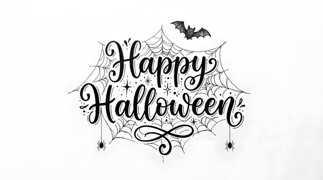 A decorative black calligraphy text design saying happy halloween with a small bat illustration isolated on a clean white background for seasonal holiday greeting cards