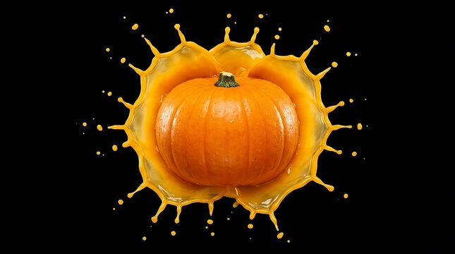 A vibrant orange pumpkin splashing into liquid creating a creative and artistic dark halloween background design