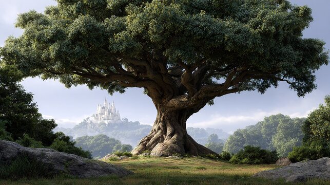 Ancient Tree's Embrace: A majestic, ancient tree with sprawling branches stands as a silent guardian, framing a distant, ethereal castle amidst rolling hills and a clear blue sky.