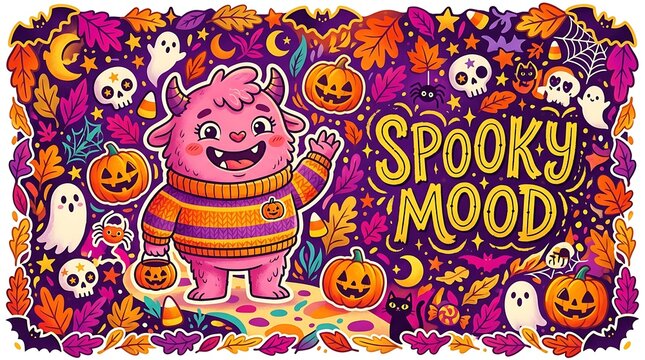 Colorful doodle art featuring a cute pink monster in a festive and vibrant halloween background design