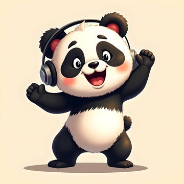 Cute panda listening to music with headphones. Happy bear character dancing to rhythm.