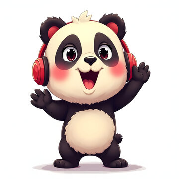 Cute panda character wearing headphones. Happy baby bear listening to music and waving.