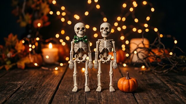 Two skeletons standing together on a wooden table with a festive glowing bokeh halloween background display