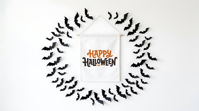 Top view of a festive halloween background featuring black paper bats arranged around a greeting card