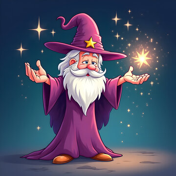 Old wizard casting magic spell. Cartoon sorcerer with glowing stars and purple robe.