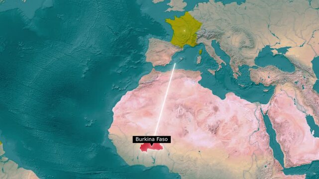 Flight Path Line Connecting Burkina Faso to France on World Map