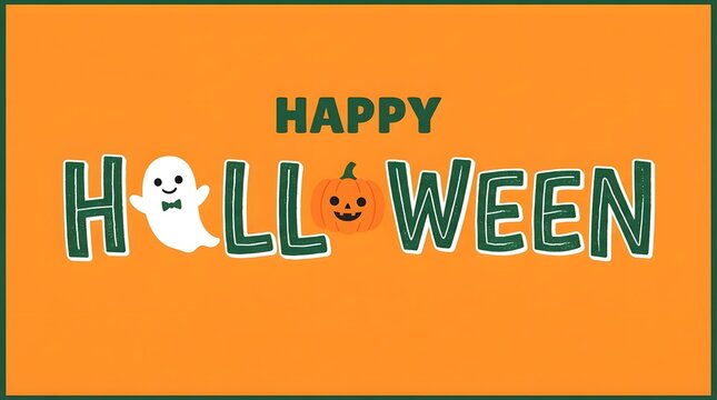 A festive and cheerful happy halloween greeting card design featuring cute cartoon ghost and pumpkin characters set against a vibrant orange background for holiday celebrations