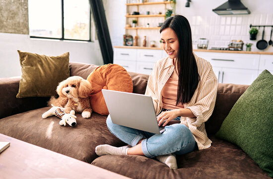 Young woman using laptop on sofa with pet dog at home.