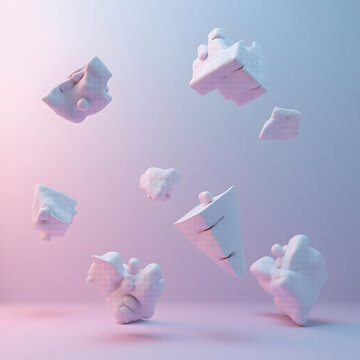 Floating white abstract shapes. Minimalist 3D geometric forms in soft pastel lighting.