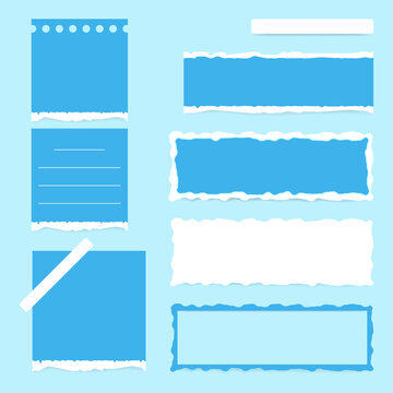 Collection of blue torn paper notes, memo cards, paper frames for scrapbooking, planner design, journaling and web design. Flat vector illustration.