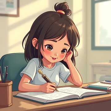 Cute girl studying at desk. Little student writing in notebook at home.