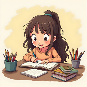 Cute girl drawing in a sketchbook. Little student studying with colorful pencils.