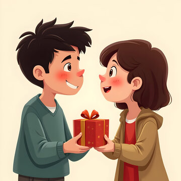 Boy giving a gift to a girl. Cute children exchanging a present for a special occasion.