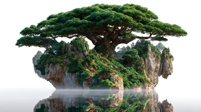 Floating Island Paradise: A mystical island adorned with a majestic ancient tree and lush greenery appears to float serenely on calm, reflective water, evoking a sense of fantasy and tranquility.