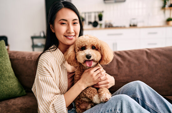 Young woman holding a small poodle on a sofa.