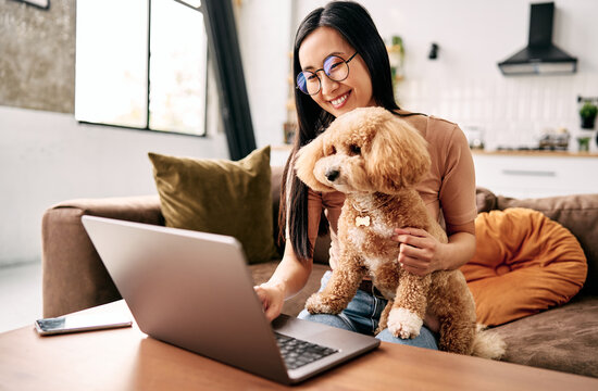 Woman using laptop at home with her fluffy dog.