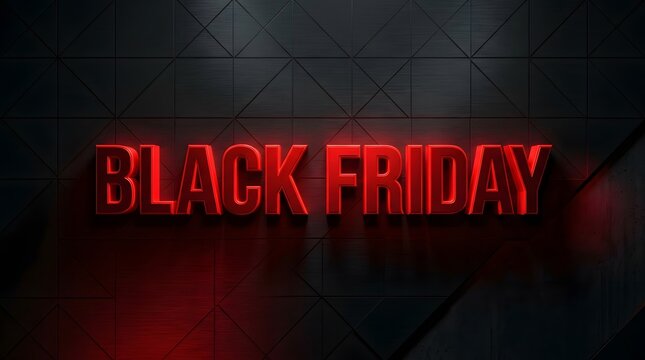 Glowing red neon text sign displaying black friday for big seasonal retail shopping event promotions