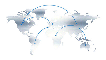 Grey dotted world map with blue connection arcs and location nodes - global network flight routes vector for travel logistics and international communication design © NaeemurRahman