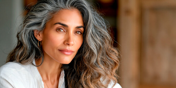 Mature woman with long gray hair posing indoors in a close-up portrait with natural beauty, elegant style and confident expression